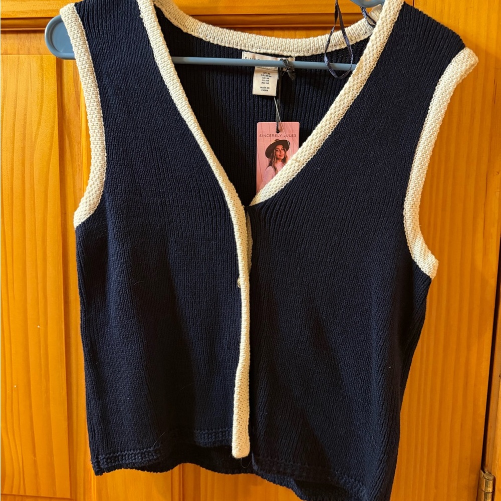 Navy Knit Sleeveless Cardigan with Cream Trim